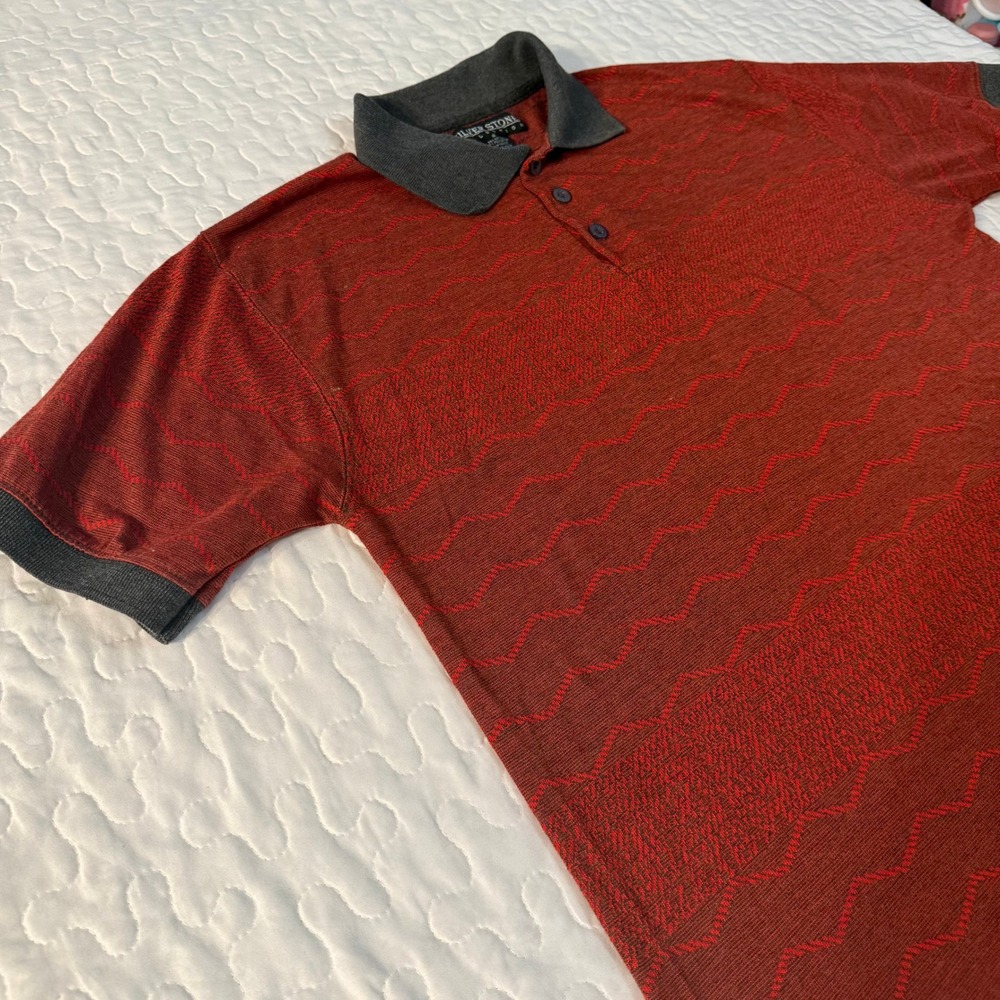 Silver Stone Polo Shirt Mens Small Red Textured Zigzag Knit Short Sleeve Dadcore